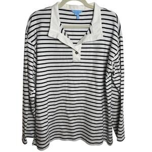 Draper James Gillian Long Sleeve Top White Navy Strip Preppy Polo Shirt Size L